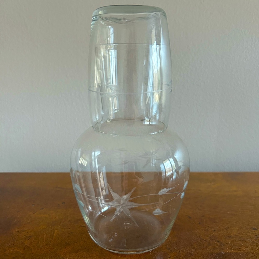 Vintage Botanical Etched Glass Carafe With Matching Glass On Top